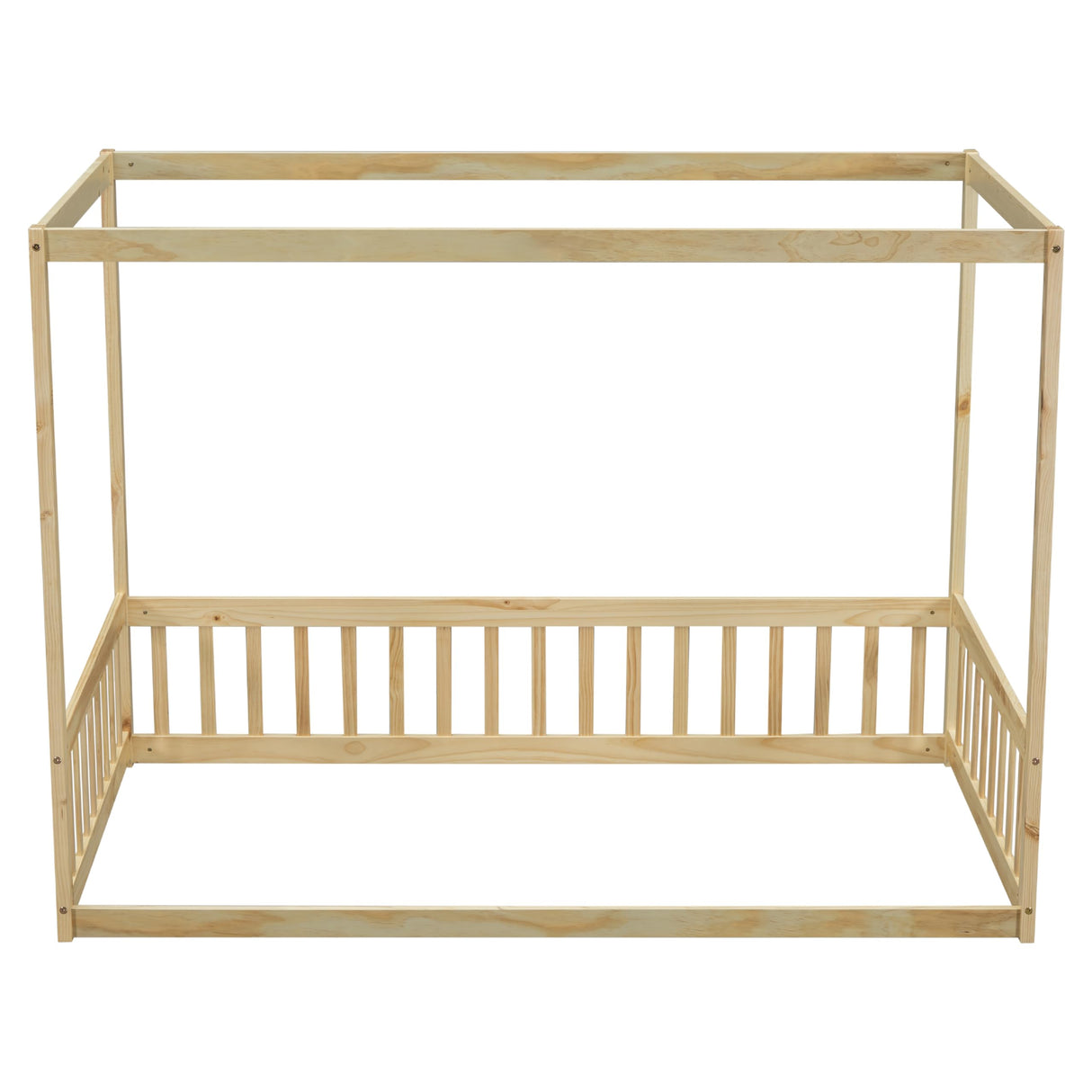 Natural Wood Twin Canopy Floor Bed with Safety Guardrails for Kids KLMM