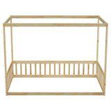 Natural Wood Twin Canopy Floor Bed with Safety Guardrails for Kids KLMM