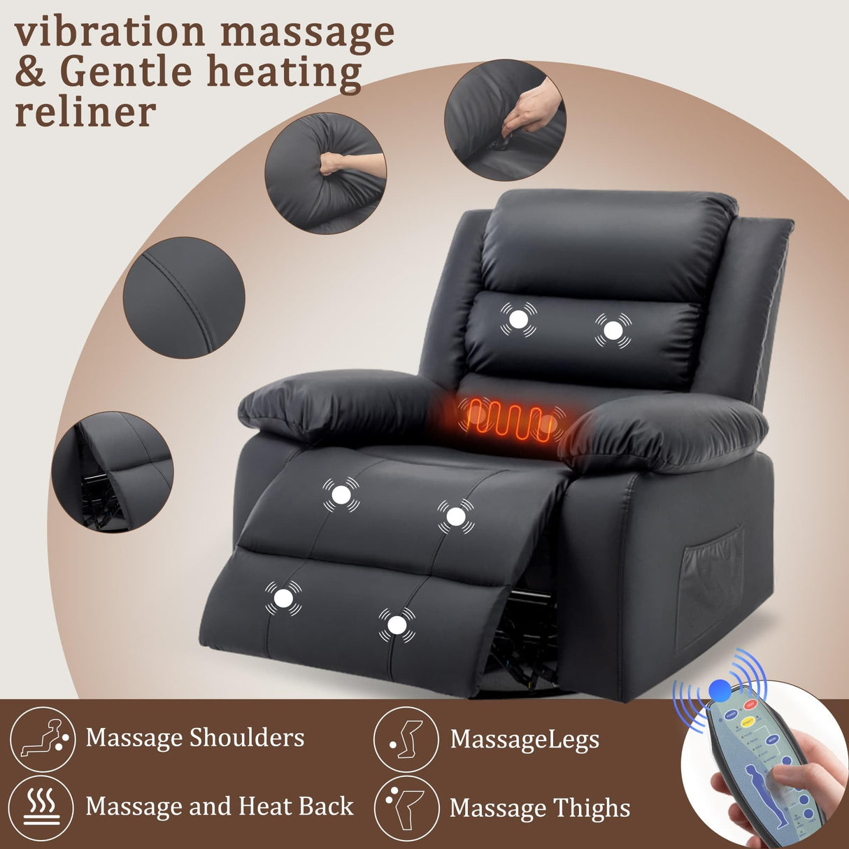 Recliner Chair, Wide Rocker Chair, Pet-Friendly Design, Large Rocking Chair with Massage and Heat,360°Swivel Nursery Rocking Chair, Oversized Recliner for Adults, Black Reclining Sofa for Living Room Korser