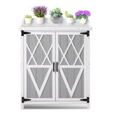 ElfinAura Outdoor Potting Bench with Storage - 37" Tall Wooden Garden Workstation with Galvanized Metal Tabletop, Adjustable Shelves & Double Doors for Backyard, Patio, Garden (White). ElfinAura