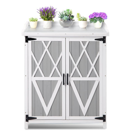 ElfinAura Outdoor Potting Bench with Storage - 37" Tall Wooden Garden Workstation with Galvanized Metal Tabletop, Adjustable Shelves & Double Doors for Backyard, Patio, Garden (White). ElfinAura