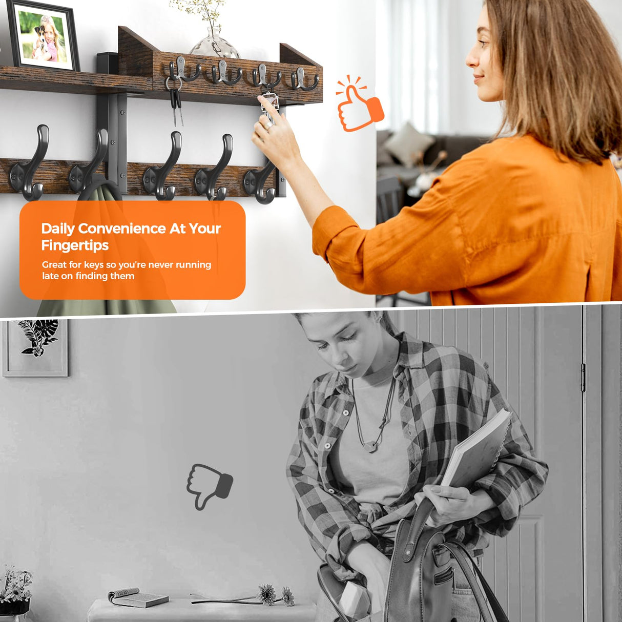 Evermagin 29" Coat Rack Wall Mount with Shelf, 4 in 1 Coat and Key Hanger with 11 Metal Hooks, Entryway Wall Mounted Shelf with Mail Holder for Living Room, Bedroom, Rustic Brown Evermagin