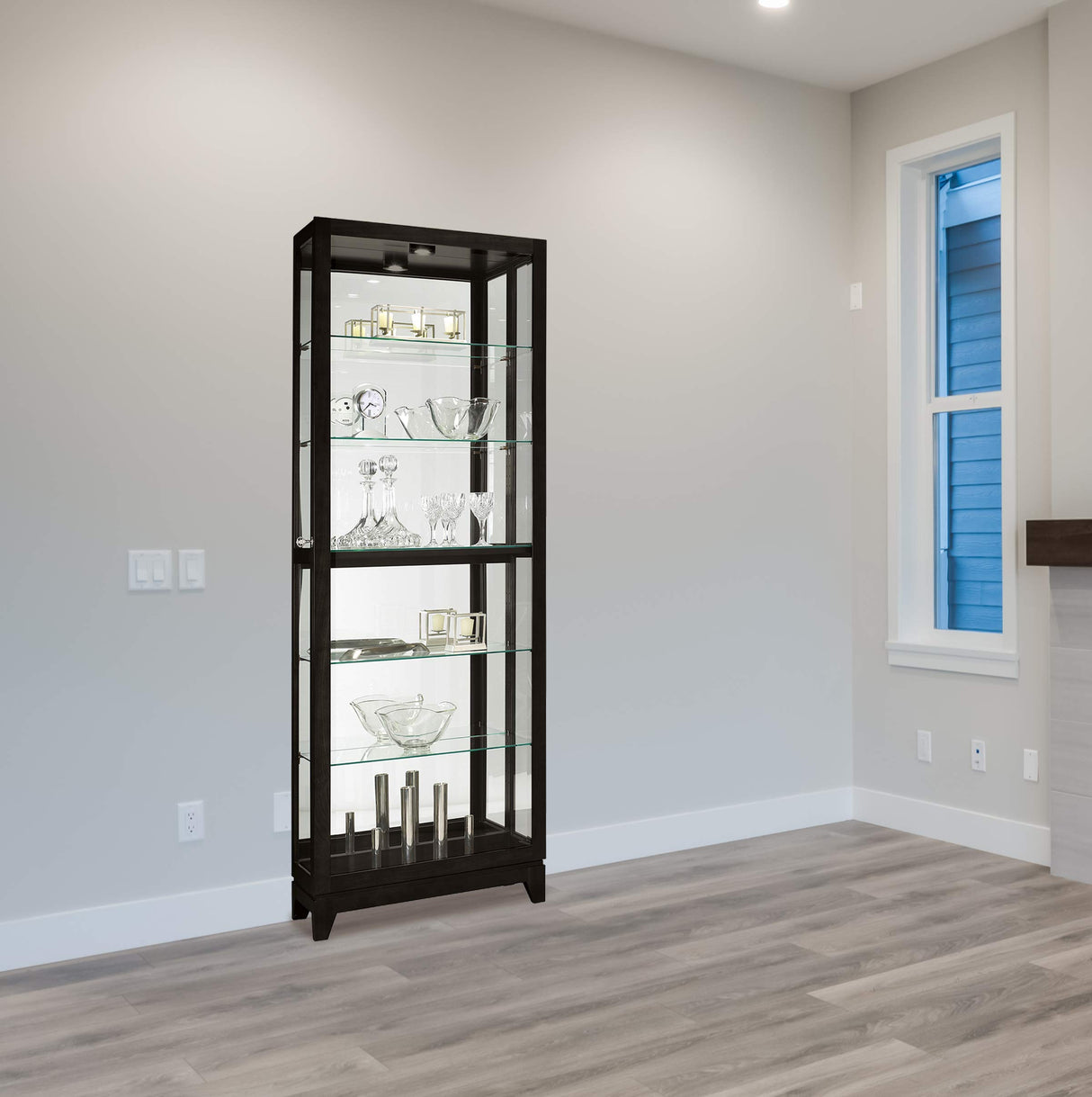 Howard Miller Luke IV Curio Cabinet - Heighted Showcase Black Finish Beveled Glass Door Adjustable Shelves Illuminated Interior Lightning Perfect for Living Room Office and Room Decor Howard Miller