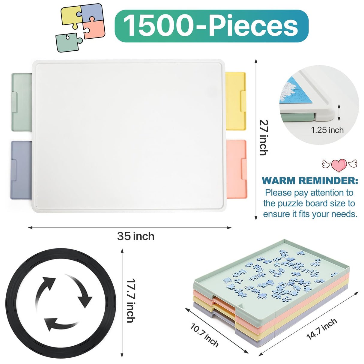Playboda 1500 Pieces Rotating Plastic Puzzle Board with Drawers and Cover, 35"x27" Portable Jigsaw Puzzle Table for Adults, Lazy Susan Spinning Puzzle Boards, Multicolor (Patent Design) Playboda