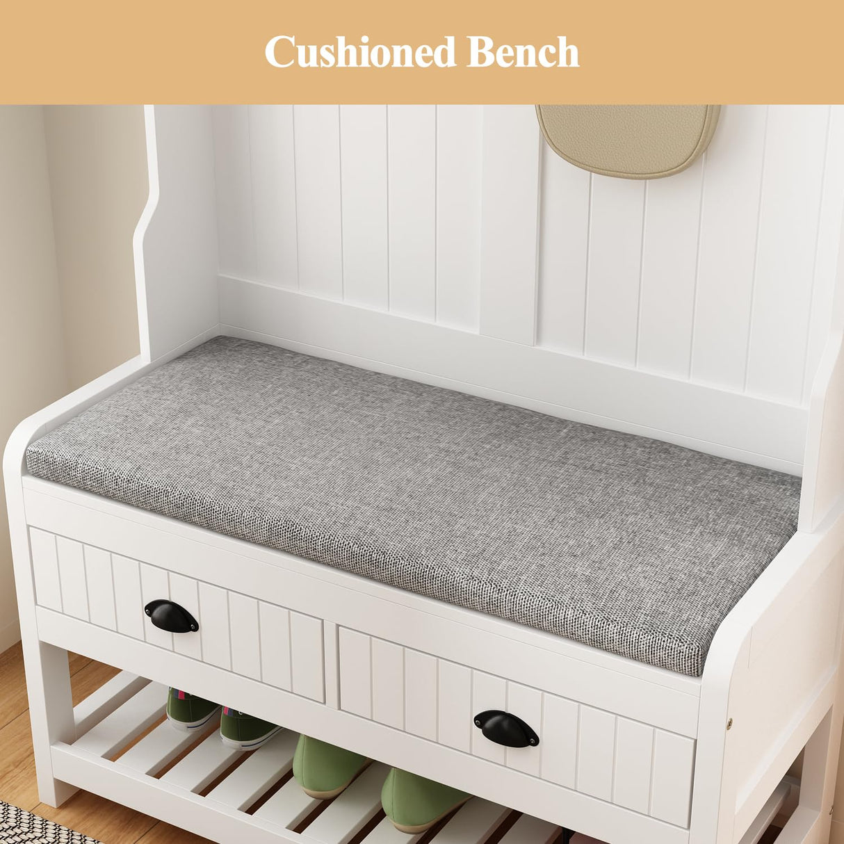 WOODTIME Hall Tree with Bench and Shoe Storage, Multi-Purpose Entryway Bench with Coat Rack, Padded Seat Cushion, 4 Double Hooks, Open Shelves and 2 Drawers, White WOODTIME