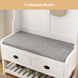 WOODTIME Hall Tree with Bench and Shoe Storage, Multi-Purpose Entryway Bench with Coat Rack, Padded Seat Cushion, 4 Double Hooks, Open Shelves and 2 Drawers, White WOODTIME
