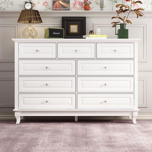 MOUMON Chest of Drawers 9 Drawer Dresser, Modern Contemporary Dresser with Sliver Handles, Wooden Legs, 9 Drawer Cabinet White Dresser for Bedroom (55.1”W x 15.7”D x 37”H) - WoodArtSupply