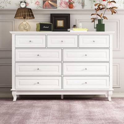 MOUMON Chest of Drawers 9 Drawer Dresser, Modern Contemporary Dresser with Sliver Handles, Wooden Legs, 9 Drawer Cabinet White Dresser for Bedroom (55.1”W x 15.7”D x 37”H)