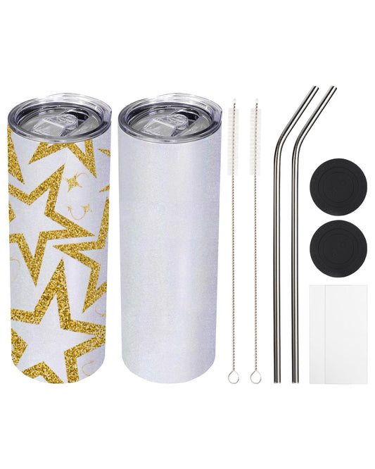 OFFNOVA Stainless Steel Glitter White 20 OZ Tumbler, 2 Pack with Lid and Straw, Sublimation Tumbler Blank Coffee Mug, Double-Walled Vacuum Insulated