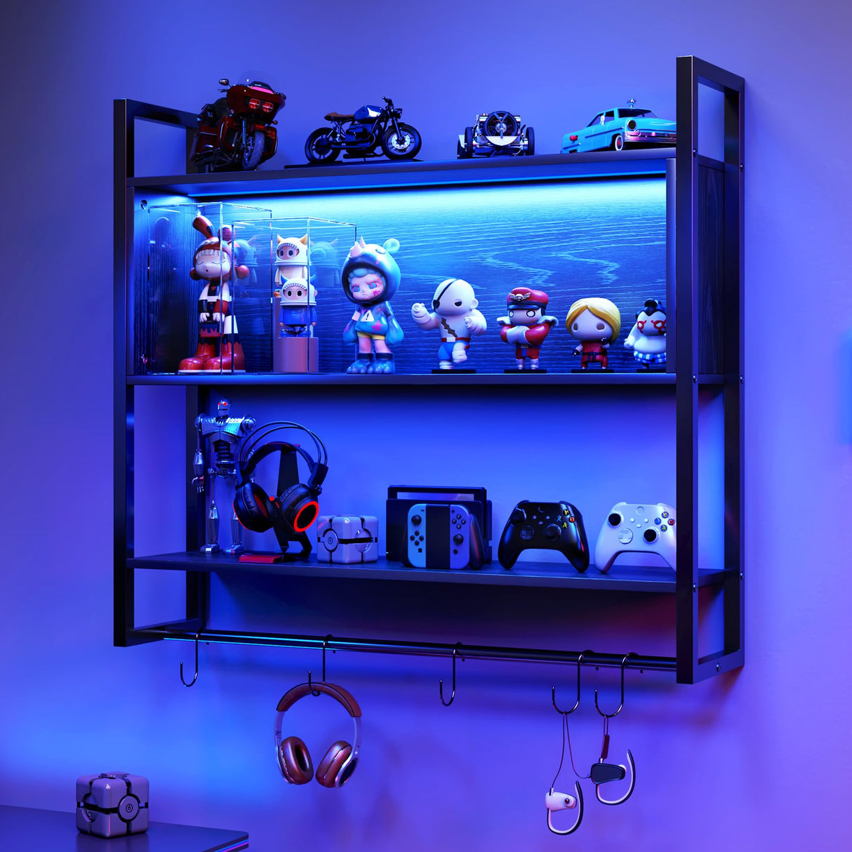 TC-HOMENY Gaming Floating Shelves LED, 36''Shelf Wall Mounted Shelve with Adjustable Shelf, Gaming Shelve for Wall, Pipe Shelves Hanging Display Rack Bookshelf with S-Hook, Wine Coffee Bar Black TC-HOMENY