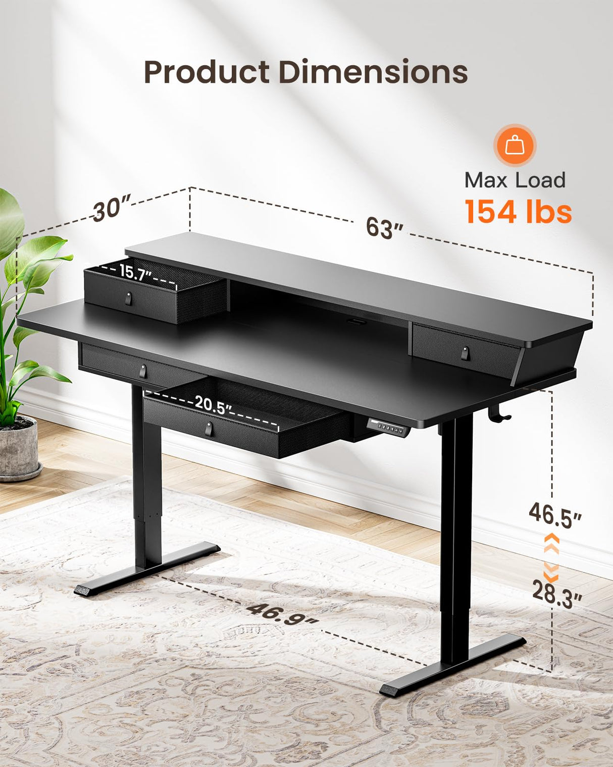 ErGear Standing Desk with Drawers, 63 x 30 Inches Height Adjustable Desk with Storage, Electric Sit Stand Desk, 4 Memory Preset Computer Home Office Desk with Cable Management Tray, Black ErGear