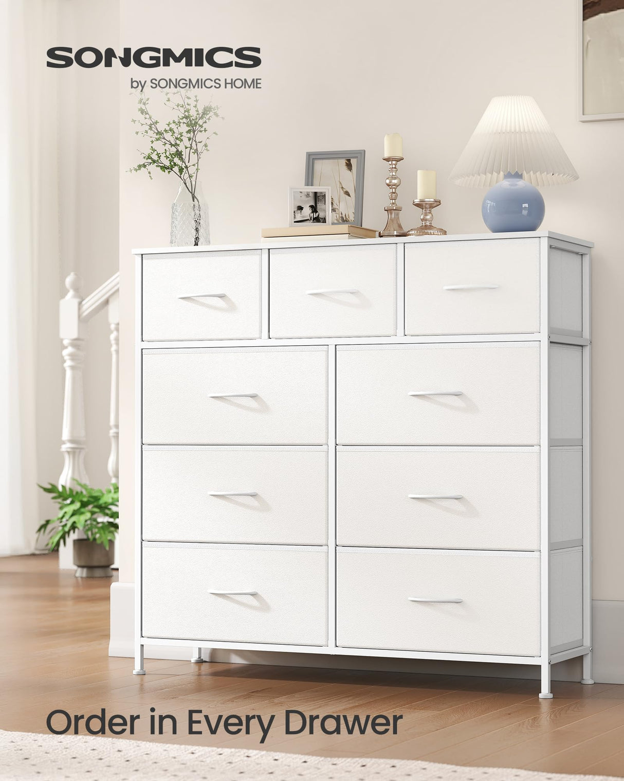 SONGMICS Dresser for Bedroom, Chest of Drawers, Steel, MDF, 9 Non-Woven Fabric Drawers, Storage Organizer Unit, Closet, Entryway, Cloud White and Snow White LGS324W01S SONGMICS