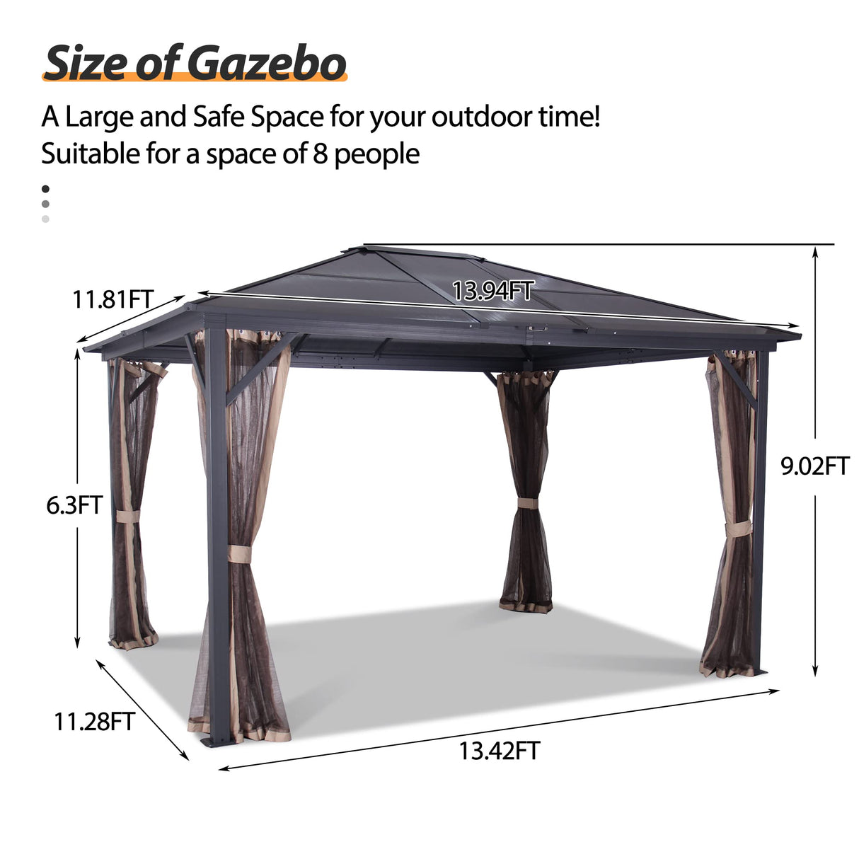 GARTOO 14' x 12' Polycarbonate Hardtop Aluminum Patio Gazebo with Skylight - Outdoor Heavy Duty Gazebo with Breathable Netting for Garden, Poolside, Deck, Patio GARTOO