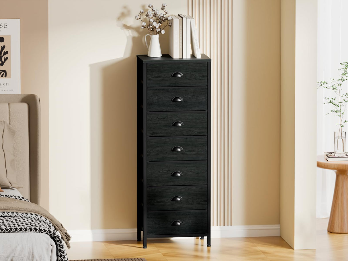 Furnulem Bedroom Dresser, Tall Dressers & Chests of Drawers with 7 Fabric Bins, Black Dresser Organizer in Closet,Dorm,Living Room,Nursery,Hallyway-Storage Tower Unit Sturdy Steel Frame, Black Oak Furnulem