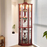 Firscook Curio Cabinet,Lighted Wooden Corner Curio Cabinet,Glass Display Curio Cabinet with Tempered Glass Doors and Shelves,6-Layer Wood Corner Cabinet, Glass Display Cabinet for Living Room(Cherry) Firscook