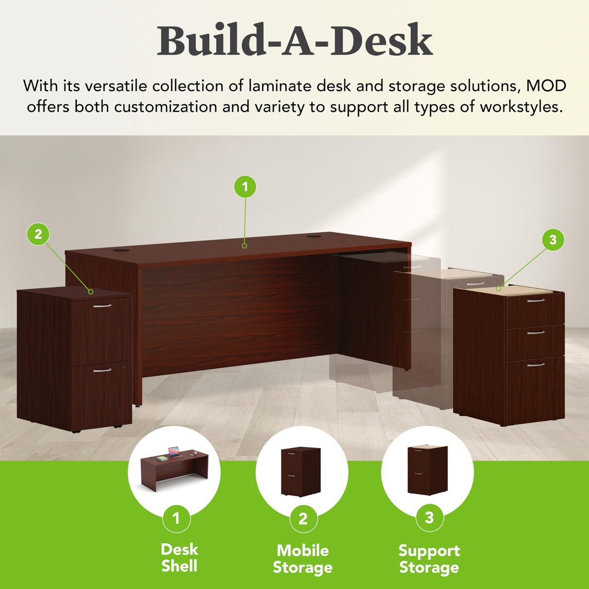 HON MOD Executive Desk 72-Inch Large Computer Desk Shell, Thick Wooden Laminate, Modern Table with Cord Management, 72" W x 30" D x 29" H, Traditional Mahogany HON