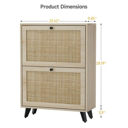 Angel Sar Rattan Shoe Cabinet for Entryway, Slim Shoe Storage Cabinet with 2 Flip Drawers, Hidden Shoe Organizer, Shoe Rack Cabinet with Metal Legs, Natural Wood