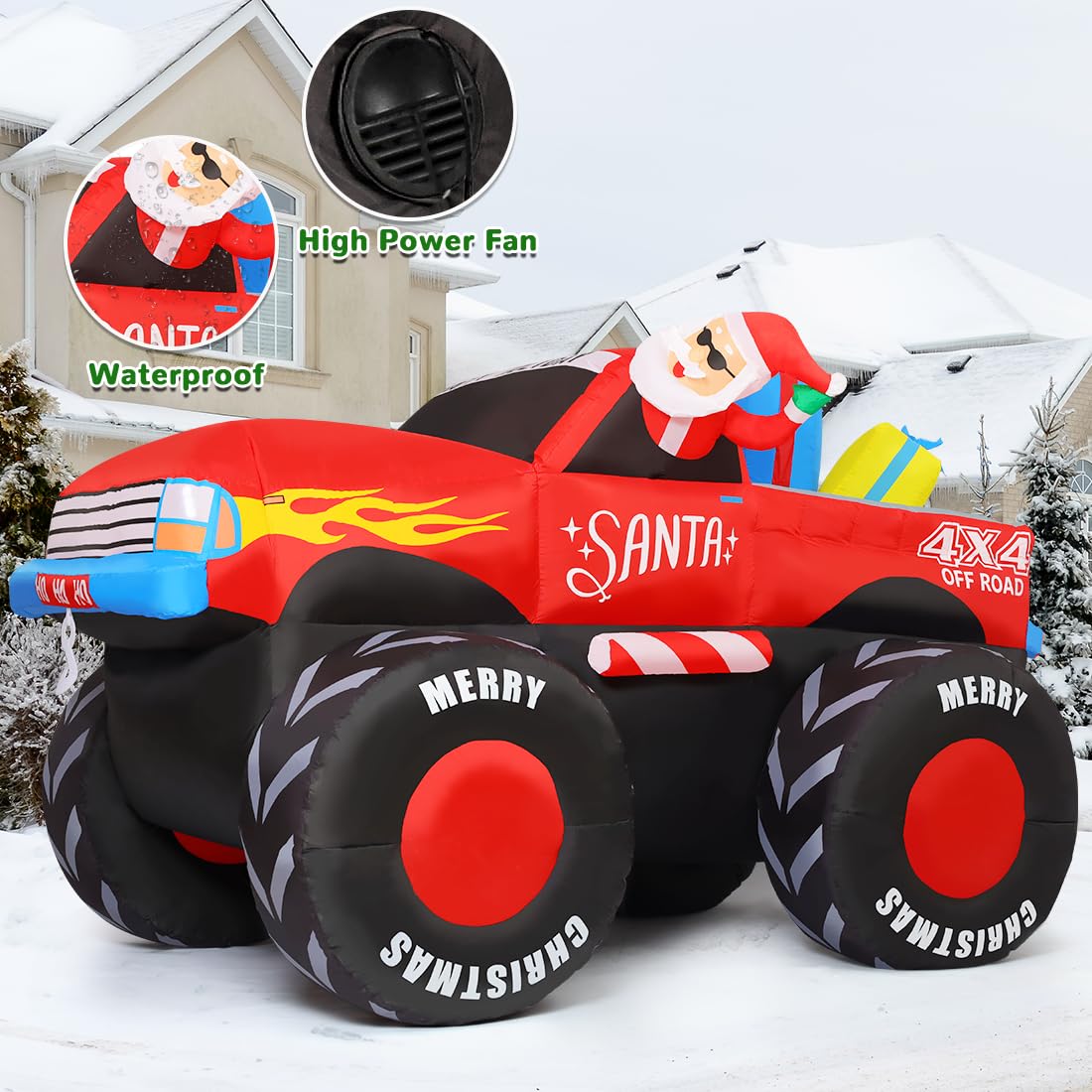 GOOSH 7.5 FT Long Christmas Inflatables Santa Claus Outdoor Decorations Blow Up Yard Snowman with Presents on Truck with Built-in LEDs for Garden Lawn Indoor Party Décor GOOSH