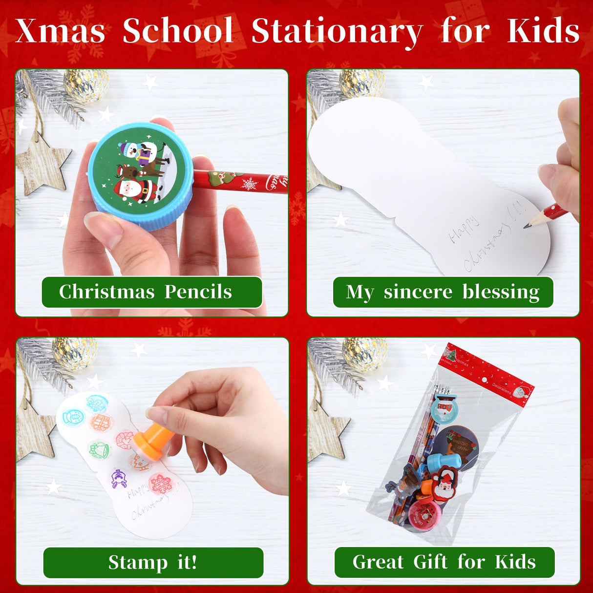 CCINEE 216 Pcs Christmas School Stationary Set for Kids,24 Sets Xmas Party Favors Bulk with Pencils Erasers Treat Bags Stickers for Christmas Goodie Bag Stuffers Gift Exchange Holiday Party Supplies CCINEE