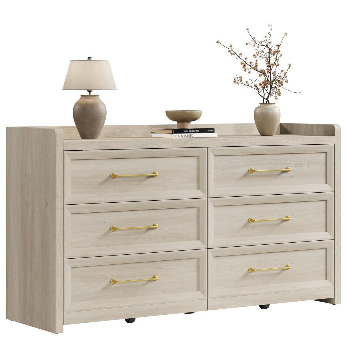 SICOTAS 6 Drawer Dresser for Bedroom-56.4" Extra-Wide Wooden Chest of Drawers with Large Storage, Long Dresser TV Stand with Drawers, Farmhouse Closet Dressers for Nursery Living Room, Grey White Oak SICOTAS