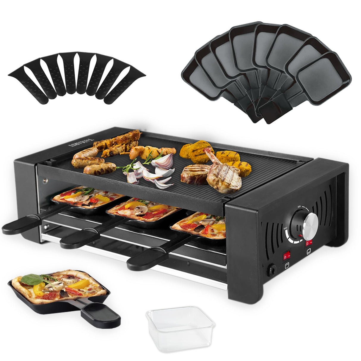 TAMARIT Raclette Party Grill Portable Indoor Electric Korean BBQ Grill 2 in 1 Raclette Table Grill with Ceramic Nonstick Coating Grill Plate 4 Pizza Pans 8 Cheese Trays Upper & Lower Heater,PFAS-No Tamarit