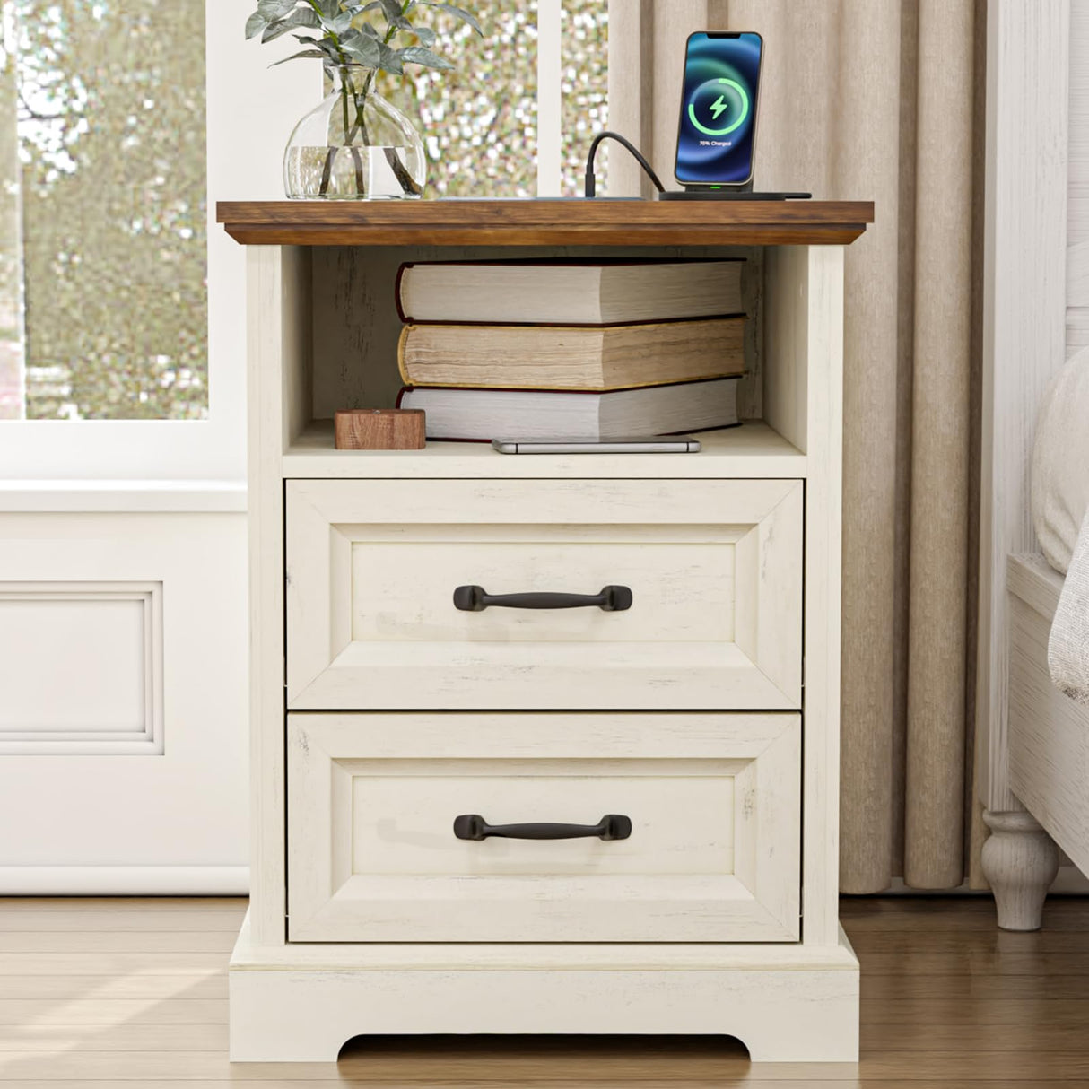 HOMMPA 18'' Farmhouse Nightstand with Charging Station, Bedside Tables with Storage, Bed Side End Table with Open Shelf, 2 Drawers Wood Night Stand Dresser for Bedroom, Living Room, Rustic White HOMMPA
