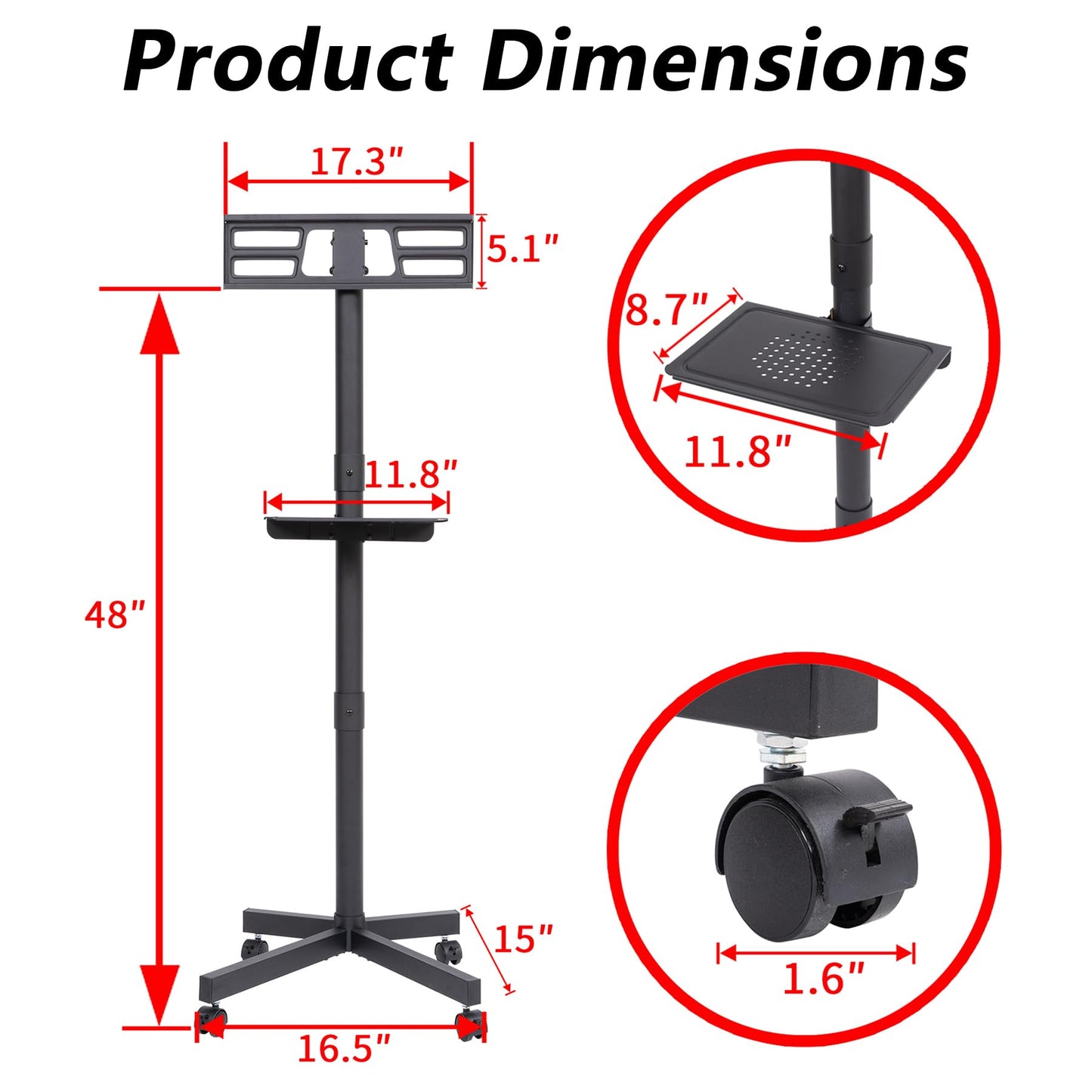 Tall Rolling TV Stand for 23-60 Inch TVs, Mobile TV Stand with Shelf and Wheels for Living Room Bedroom Office Outdoor, Portable Metal TV Cart with Adjustable Height, Heavy Duty