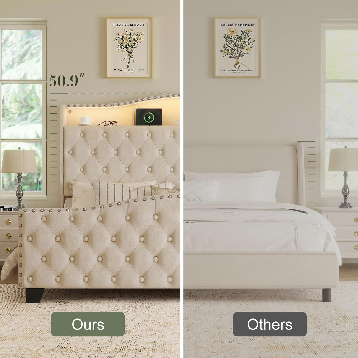 Belffin King Size Bed Frame and Headboard, 50.9" Velvet Upholstered Wingback Bedframe with LED Lights & Storage/Charging Station, Button Tufted Tall Footboard, No Box Spring Needed, Noise-Free, Beige Belffin