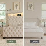 Belffin Queen Size Bed Frame and Headboard, 50.9" Velvet Upholstered Wingback Bedframe with LED Lights & Storage/Charging Station, Button Tufted Tall Footboard, No Box Spring Needed, Noise-Free, Beige Belffin