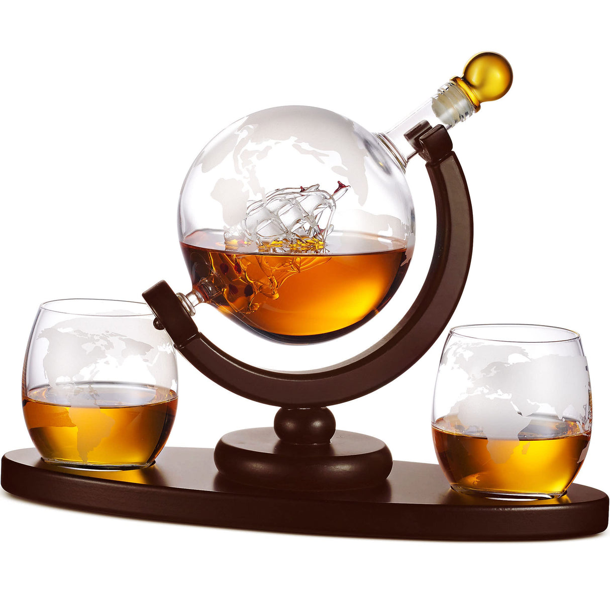 Whiskey Decanter Globe Set with 2 Etched Whiskey Glasses - for Liquor Scotch Bourbon Vodka, Gifts For Men - 850ml Godinger