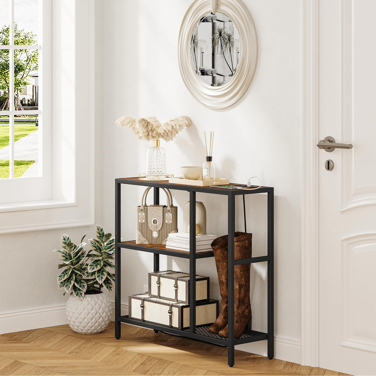 Snughome Console Table with Power Outlets, Entryway Table with Storage, Narrow Sofa Table with 3 Tier Shelves, Couch Table with USB Ports, Hallway Table for Living Room, Entrance Snughome