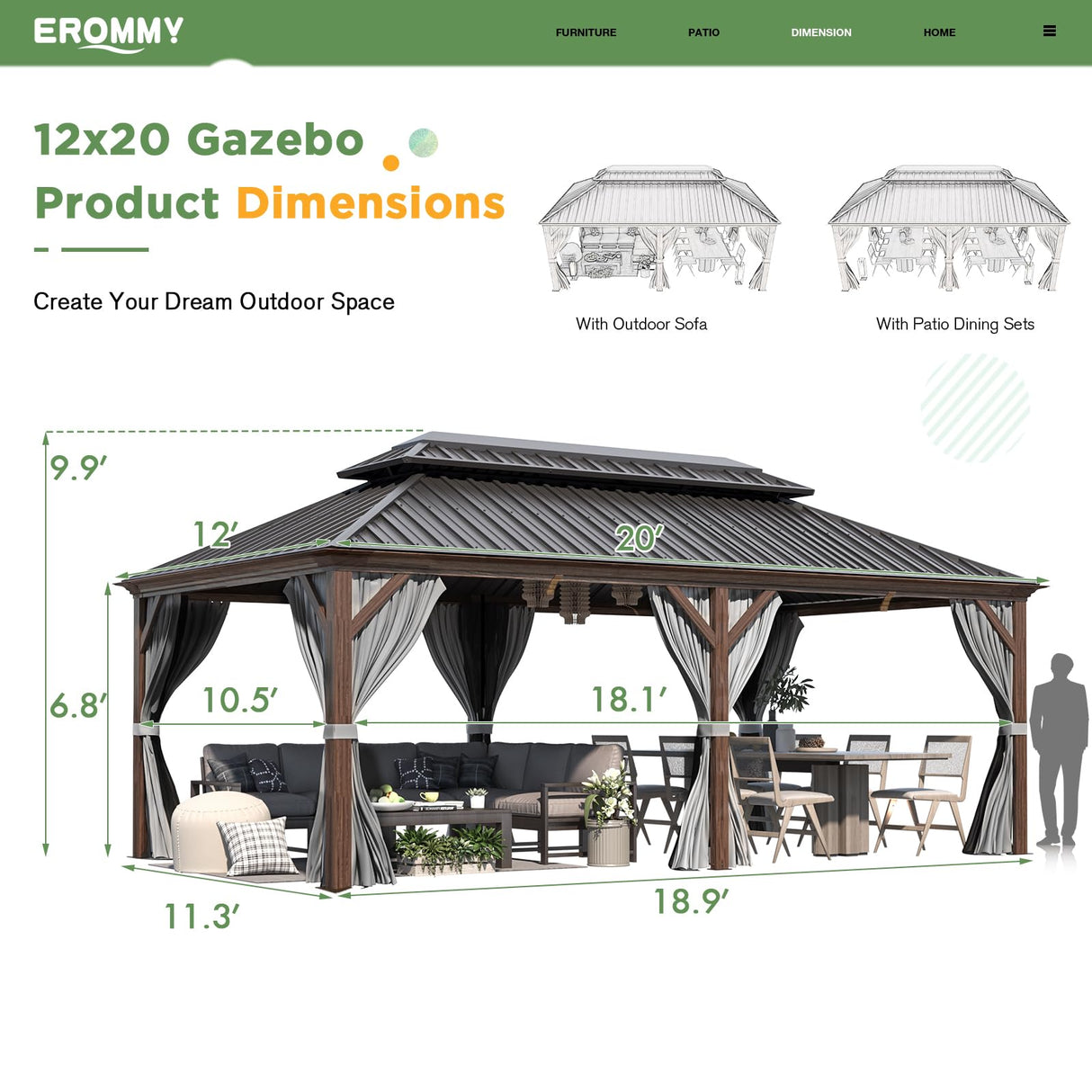 EROMMY 12' x 20' Hardtop Gazebo, Wooden Finish Coated Aluminum Frame Canopy with Double Galvanized Steel Roof, Outdoor Permanent Metal Pavilion with Curtains and Nettings for Patio,Garden, Backyard EROMMY