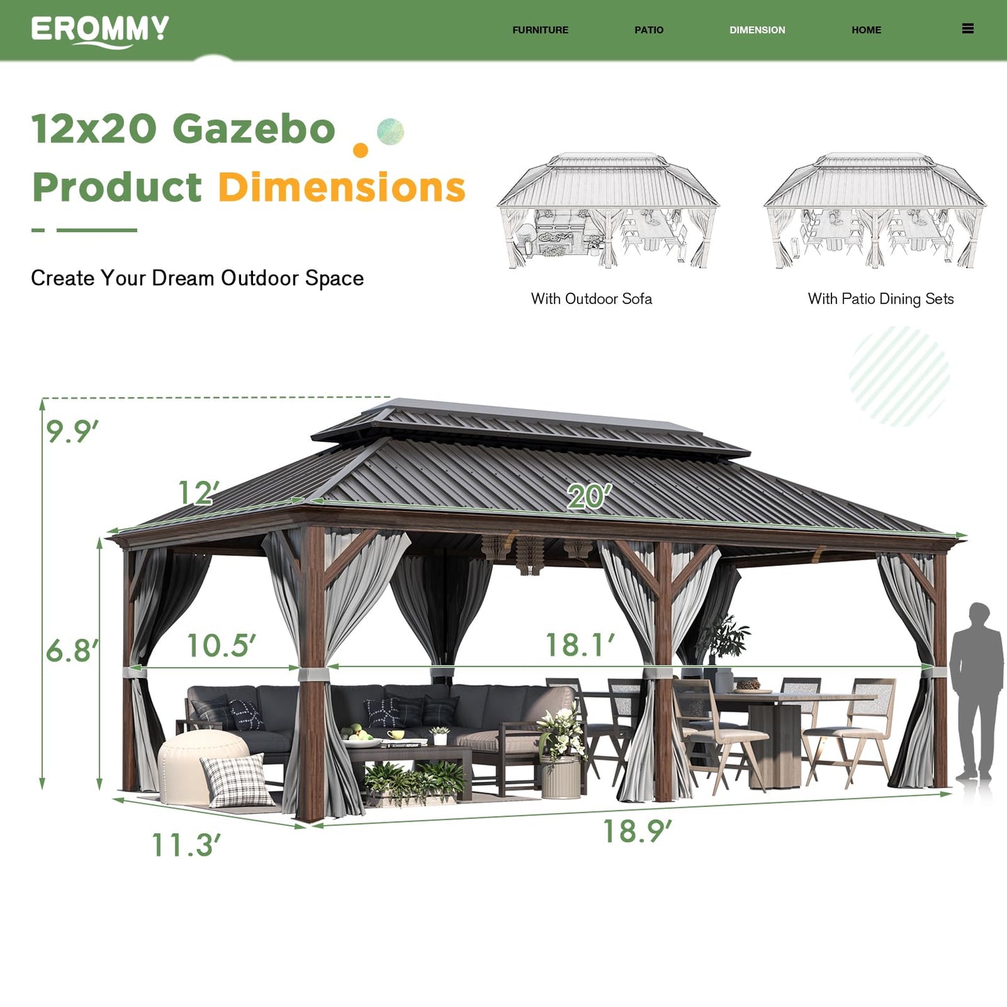 EROMMY 12' x 20' Hardtop Gazebo, Wooden Finish Coated Aluminum Frame Canopy with Double Galvanized Steel Roof, Outdoor Permanent Metal Pavilion with Curtains and Nettings for Patio,Garden, Backyard