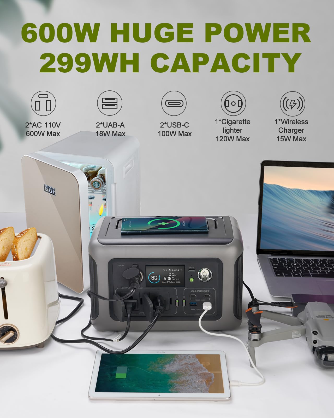 ALLPOWERS 299Wh 600W Portable Power Station R600, LiFePO4 Battery Backup with UPS Function, 1 Hour to Full 400W Input, MPPT Solar Generator for Outdoor Camping, RVs, Home Use - WoodArtSupply