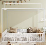 Klwenas Maec White Montessori Floor Bed Frame Full Size, 3-in-1 Convertible Metal Canopy Bed Frame with Fence & Sturdy Metal Slats Support for Boys Girls Bedroom,Easy Assembly (White, Full) Klwenas Maec