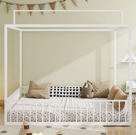 Klwenas Maec White Montessori Floor Bed Frame Full Size, 3-in-1 Convertible Metal Canopy Bed Frame with Fence & Sturdy Metal Slats Support for Boys Girls Bedroom,Easy Assembly (White, Full) Klwenas Maec
