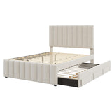 Merax Full Size Upholstered Platform Bed with Trundle and 3 Storage Drawers, Full Bed Frame & Tall Stripe Headboard for Bedroom, Solid Wood Slats Support, No Box Spring Needed, Easy Assembly, Beige Merax