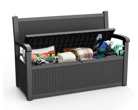 ROJIK 80 Gallon Storage Bench Deck Box Outdoor with Armrests,Storage Furniture Waterproof Lockable for Porch Patio and Garden (Black) ROJIK