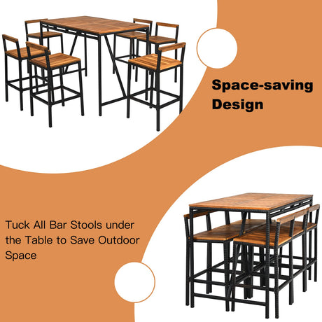 7-Piece HAPPYGRILL Acacia Wood Patio Bar Set with Umbrella Hole and 6 Ergonomic Stools HAPPYGRILL