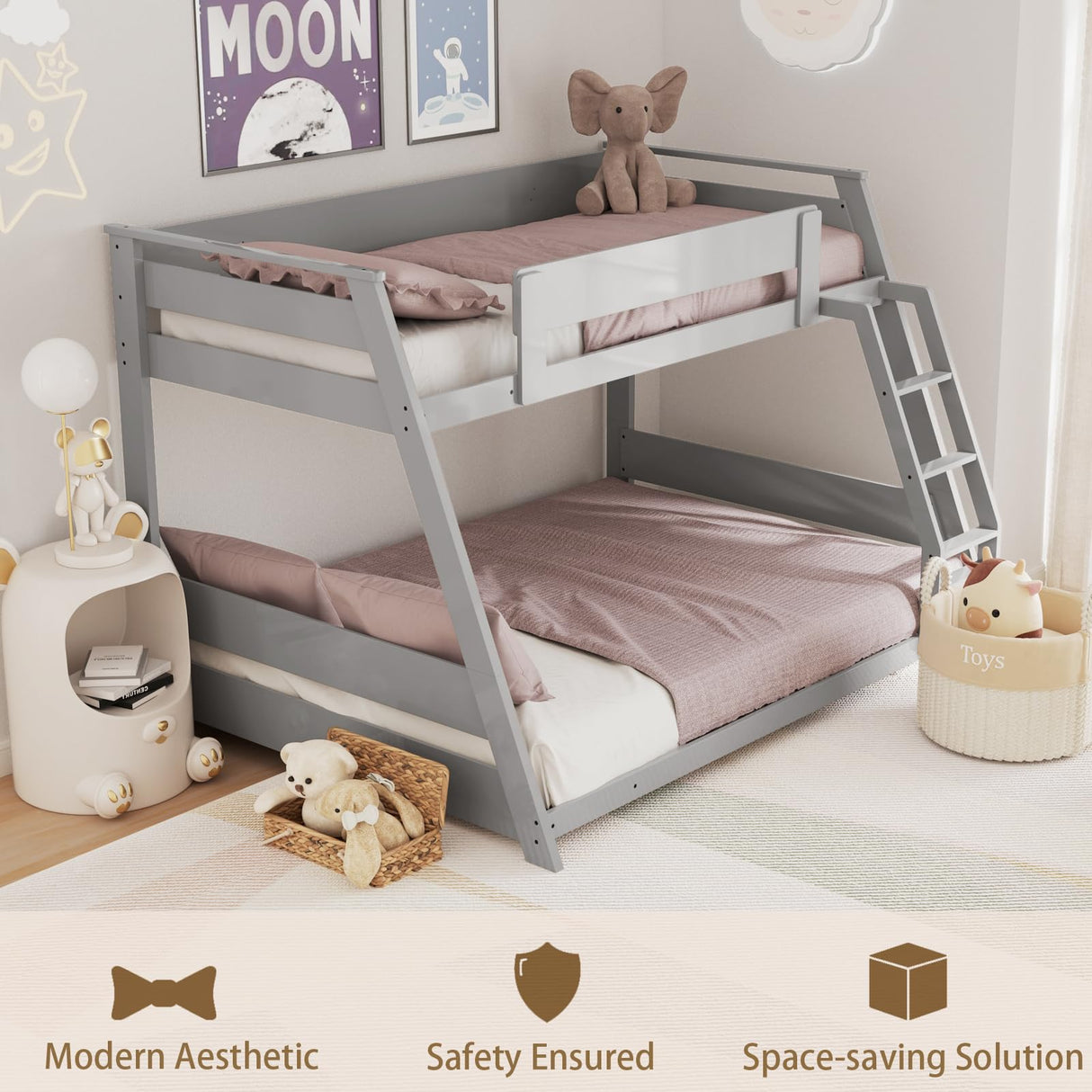 KOMFOTT Wood Twin Over Full Bunk Bed with Reversible Ladder, Wood Bunk Bed Frame with Slats Support & Safety Guardrails, Low Convertible Bunk Bed for Teens, Adults, No Box Spring Needed (Grey) KOMFOTT