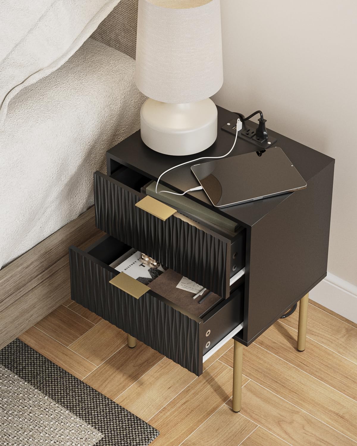 Aienvey Night Stand Charging Station, Modern Bedside Table with Storage 2 Drawer and Open Wood Shelf, Night Stand, End Table for Bedroom, Living Room, Black Aienvey