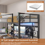 DICTAC Twin Loft Bed with U-Shaped Desk, LED Lights, Charging Station, and Storage Shelves - Black DICTAC