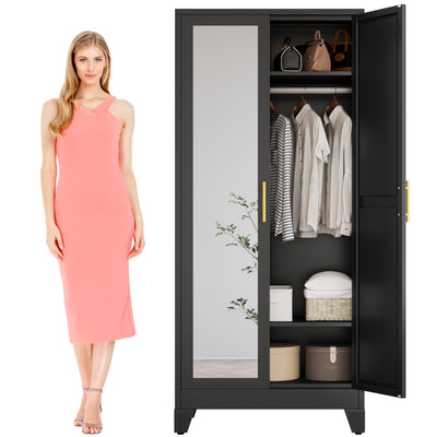 baoliwo Metal Armoire Wardrobe Closet Storage Cabinet with Mirror, 71'' Wardrobe Cabinet with Hanging Rod Metal Closet with 2 Adjustable Shelves for Bedroom, Laundry Room, Cloak Room