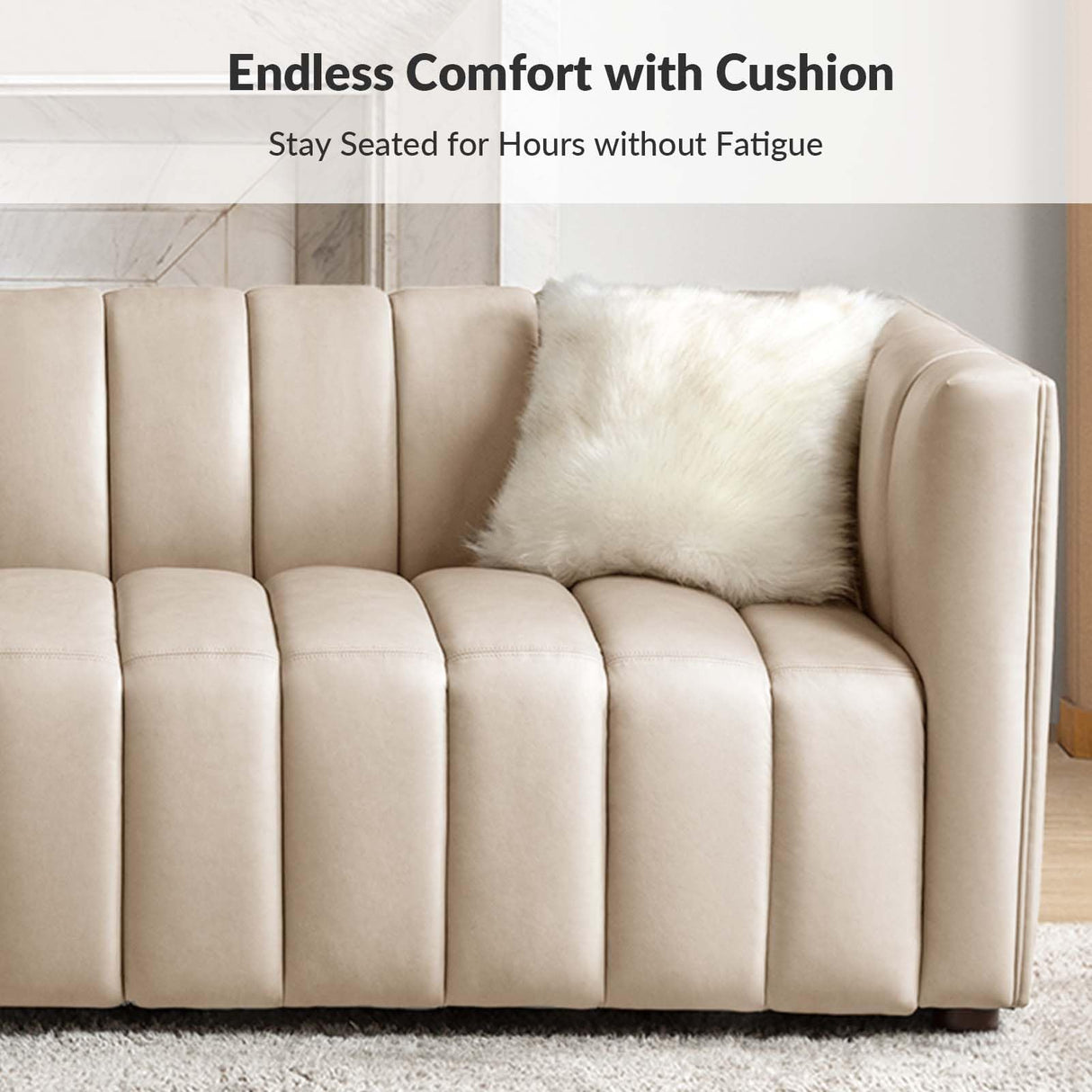 HULALA HOME 83" Genuine Leather Sofa, Sofa Leather for Living Room, 3 Seater Sofa Couch Top Layer Leather Large Sofa Furniture with Channel Tufted Seat Back & Square Arms (Beige) HULALA HOME