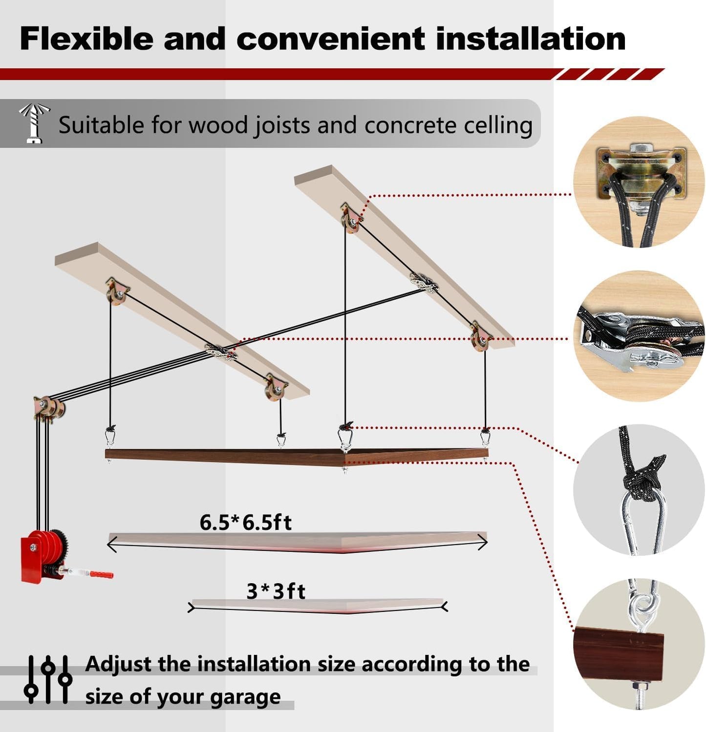 Overhead Garage Storage Lift - Heavy-duty Ceiling Mounted Garage Storage Lift System, Supports 8-16ft Ceilings, for Organization, 300lbs Weight, Compatible Bronco, Wrangler (Deck Not Includ)