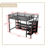 Full Size Loft Bed with LED Light & TV Table, Adults Loft Beds with Charging Station & Storage Bookcase, Wardrobe, Heavy-Duty Metal Lofts Frame with Stairs for Kids, Teens & Youth Dorms, Black Mirightone