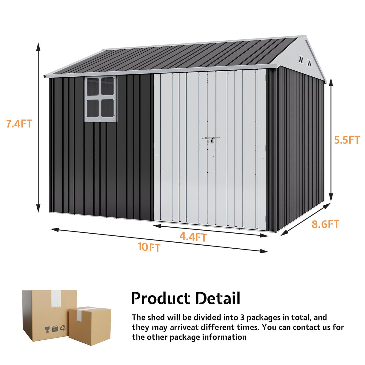 Jocisland 10x8.6x7.5 FT Sheds & Outdoor Storage, Lockable Double Hinged Doors and 4 Vents, Metal Large Shed, Backyard Storage for Bikes and Garden Tools Dark Black/White Jocisland