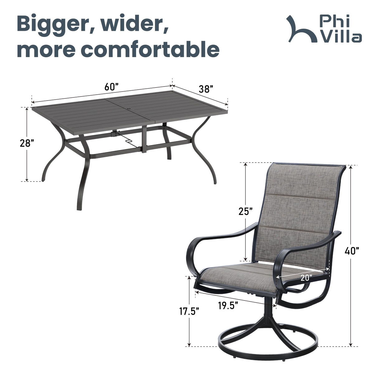 PHI VILLA 7 Piece Patio Dining Set for 6, 1 Large Metal Table and 6 Outdoor Dining Chairs with High Back and Padded Textilene, Outdoor Furniture Set for Garden, Yard PHI VILLA
