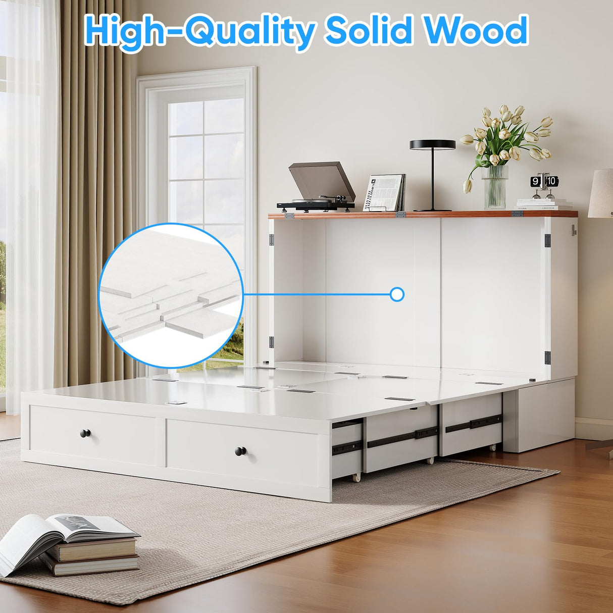 PUREMIND Full Size Murphy Bed Cabinet with Mattress - Solid Wood - Hideaway Chest Beds Frame with Storage Drawers, USB Charging Ports - Space Saving Cabinet Bed for Guest Room PUREMIND