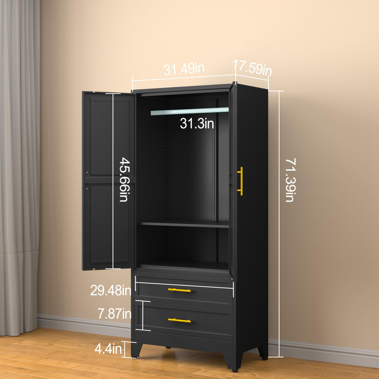 erosoei Metal Armoire Wardrobe Closet, 71 "Metal Clothing Storage Cabinet with Adjustable Shelves and Hanging Rod, Household Steel Wardrobe Storage Cabinet with Drawers (Armoire-Black) erosoei